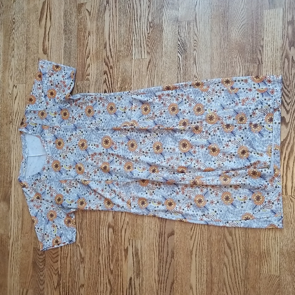 (L) Floral Peasant Style Dress with Pockets Autumn Theme Short Sleeve